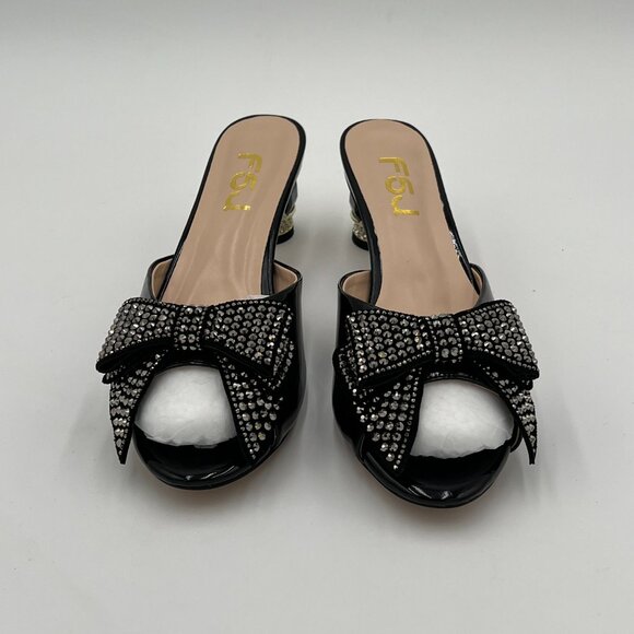 FSJ Black Luxury Crystal Chunky Heel Mules Rhinestone Bow Peep Toe Dress Shoes - Picture 3 of 7